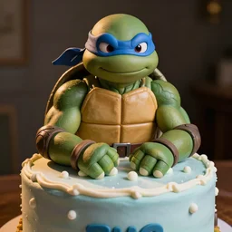 ninja turtles on a birthday cake, realistic, photograph