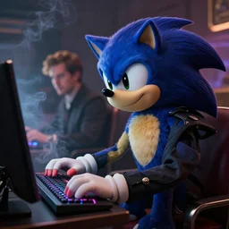 sophisticated portrait of sonic playing videogames very smoky cyberpunk, elegance, highly detailed, shallow depth of field, artstation, artgerm, donato giancola and joseph christian leyendecker