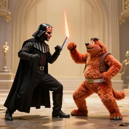 an epic duel between darth maul and barney t
