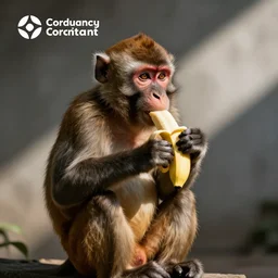 brown monkey eating a banana, company logo