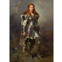 drawing of Jennifer Johanson as a Celtic warrior, full body portrait, ginger hair, fur armor, standing proud realistic oil painting by Thomas Cole and Wayne Barlowe