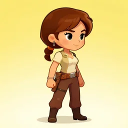 videogame platformer character, woman dressed like indiana jones, full body side profile view, chibi, hyper realistic, artstation, illustration, digital paint, matte paint, vivid colors, bright, cheerful, detailed and intricate