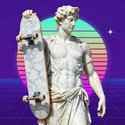 greek marble statue holding a marble skateboard, vibrant 9 0 s vaporwave background
