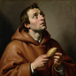 the monk looks up, holds bread in his hands, by aurelio bruni, 2 1 th century, art, oil on canvas, wet - on - wet technique, highly realistic, expressive emotions, intricate textures, illusionistic detail, 4 k