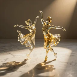 Glass figures dancing on a marble floor. Hyper realistic, golden light