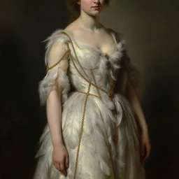 a light feminine dress made of feathers and golden chains by Rembrandt, oil painting