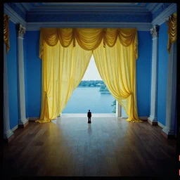 movie still by tarkovsky of a blue neoclassical ball room with yellow drapery finishing on a lake, cinestill 8 0 0 t 3 5 mm, by magritte, heavy grain, high quality, high detail, isometric view