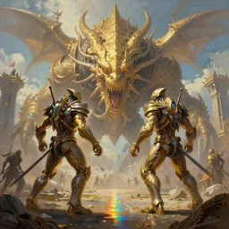 ultra realist soft painting of an epicarmy facing an innomable gigantic creature, very intricate details, golden ratio, volumetric rainbow lighting, reflections, refractions, symmetry accurate anatomy features, fantasy war scene background, unreal render