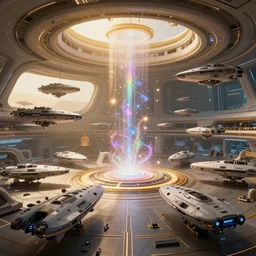 a massive interior spaceport environment where hundreds of spaceships refuel with the mystical energy of transcendentalism, pristine concept art, small, medium and large design elements, golden hour, in the style of WLOP and Ross Tran