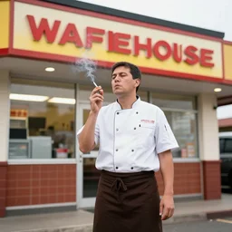 wafflehouse cook standing outside of wafflehouse restaurant smoking a cigarette