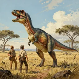 a dinosaur hunter in the african savannah, artwork by gaston bussiere, hans dahl, jesper ejsing