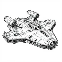 black and white drawing of a landed spaceship with greebles, star wars, Nostromo, galactica