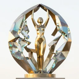 geometric mathematical shaped metal sculpture with rainbow crystal glass elements reflecting the light, statuesque female dancer figure within the sculpture with her arms towards the sky, golden hour, detailed photograph, 4 k, intricate, 3 d, refined, smoothed, facing the camera, portrait, jeff koons, rodin, peter elson, alan bean, wangechi mutu, clean cel shaded vector art,