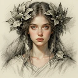 beautiful female druid, portrait, fantasy, young, perfect eyes, detailed, sketch, intricate, leaves and simple cloth, dynamic lighting, digital art, digital painting, artstation, wlop, sharp focus, illustration, art by artgerm and greg rutkowski and alphonse mucha, 8 k
