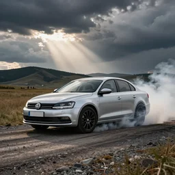 silver mk6 vw Jetta doing a burnout, epic scenery, hyper realism, photography