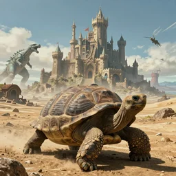 giant tortoise towering over a harsh barren sandy wasteland with a large fantasy castle rising from the top, distant shot angled slightly down, fantasy, hyper detailed, 4 k, howls moving castle, mortal engines, kaiju,