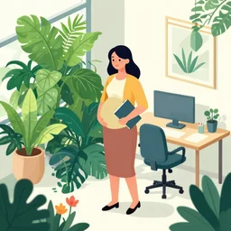 ( ( dither ) ), editorial illustration portrait of an isometric pregnant woman office interior with lush foliage overgrowth, flowers, modern art deco, ( ( mads berg ) ), christopher balaskas, rich grainy texture, detailed, dynamic pose, matte print, risograph, wood block print, unreal engine, colorful, vibrant