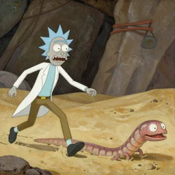 an oil painting in renaissance style of rick and morty chasing a sandworm