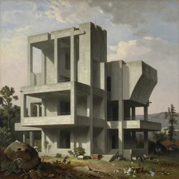classical landscape paintings of brutalist concrete structures, masterpiece, insanely detailed and intricate, super detailed by eugene von guerard and asher brown durand