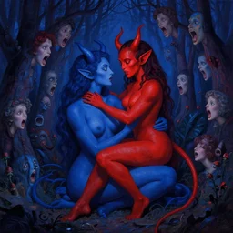 only with blue ney motogrosso in love with a red demon, too many mouths and faces in all directions in hoc signo vinces forest in the style of leonora carrington gottfried helnwein intricate composition, blue light by rembrandt insanely quality highly detailed masterpiece red light