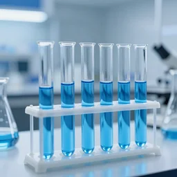 A hi-tech laboratory with glass test tubes with blue liquid inside, blue lamps on the ceiling, Warhammer 40K, sci-fi, cinematic lightning, 8k render, ultra HD