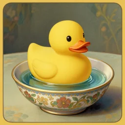 a matte portrait of a rubber duck in a small decorated bowl filled with water on a table, highly detailed, illustration by alphonse mucha