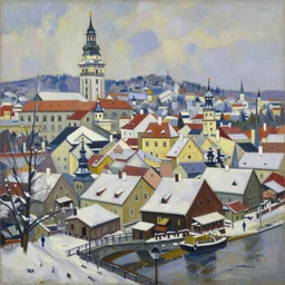 cesky krumlov in winter by jeffrey smith, cubism, oil on canvas, trending art station, masterpiece