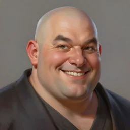 a head - on detailed oil portrait of a round - faced bald male martial artist with a large friendly smile, by charlie bowater, lise deharme, wlop, trending on artstation, dungeon and dragons art, l critical role