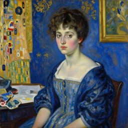 palette knife oil painting portrait of a girl in a blue and gold room, film still by goya, by henri de toulouse - lautrec, by klimt, by pontormo, extreme detail, liminal aesthetic, artgerm, deviant art, octane, substance, art history 8 k, art nouveau