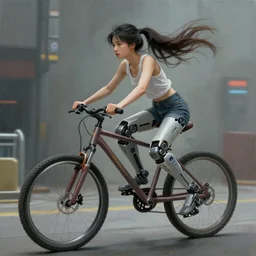 An epic fantastic realism comic book style painting of a beautiful girl on a bicycle with robot legs, robotics,   long pigtails hair, asian girl, cyberpunk, Concept world Art, ultrarealistic, hyperrealistic,  dynamic lighting by Paolo Eleuteri Serpieri