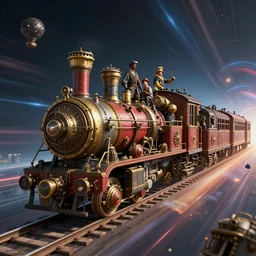 a steampunk train in hyperspace by paolo eleuteri serpieri and tomer hanuka and chesley bonestell and daniel merriam and tomokazu matsuyama, unreal engine, high resolution render, featured on artstation, octane, 8 k, highly intricate details, vivid colors