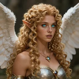 complex 3 d hyper realistic smooth ultra sharp render of an angelic gorgeous high elf princess paladin woman | tanned skin, curly dirty blonde hair, freckles, luminescent eyes | d & d, medieval, fantasy | breathtaking, divine, serene | art by oh jinwook + 吵 集 仁 儿 on artstaion + takeshi obata + alphonse mucha