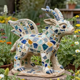 mosaic sculpture of a alebrije chimera, irregularly shaped mosaic tiles, hand glazed pottery shards, in the style of folk art, in a cottagecore flower garden