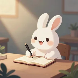 a cute cartoon rabbit happily sitting at a table and writing on a notebook, antgerm