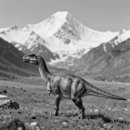 small detailed dinosaur, valley, snowy peaks, by ansel adams, black and white, old, master photography