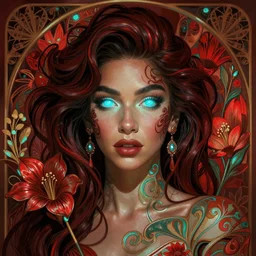 mia khalifa as darna, wax figure, glowing eyes, volumetric lights, red and cyan theme, art nouveau botanicals, intricate, highly detailed, digital painting, artstation, concept art, smooth, sharp focus, cinematic, illustration, beautiful face, art by artgerm and greg rutkowski and alphonse mucha