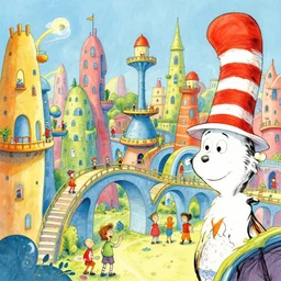 fanciful city filled with curvy buildings, by dr seuss, on beyond zebra, arches, platforms, towers, bridges, stairs, colorful kids book illustration