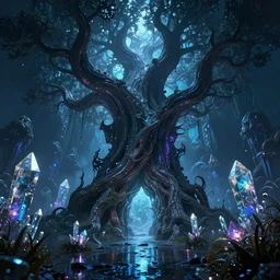 portal inside of a humongous tree on a luminescent crystalline alien biome, spooky, intricate details, fantasy, hyper realism, art, smooth, beautiful art, masterpiece, landscape, cinematic, wet reflections, ray tracing x, rtx, smooth