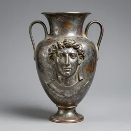 a beautiful, ancient, iron made greek amphora container, museum item, sculpted with the face of tom cruise h 1 0 2 4