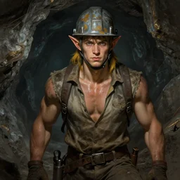 picture of male miner young elf inside a gold mine, burly, work clothes, safety helmet, light skin, pointy ears, dark yellow hair, ponytail, sweat, dirty clothes, high fantasy, highly detailed, detailed faces, smooth, sharp focus, chiaroscuro, dnd, digital painting, concept art, rossdraws and moebius and jon mcnaughton