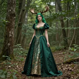 A tall woman with green hair and moose horns, she is wearing a royal dress that is green, full body photoshoot at the forest