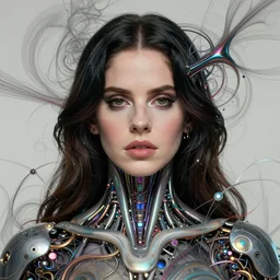 portrait of lana del rey as a cyborg. intricate abstract. intricate artwork. by tooth wu, wlop, beeple, dan mumford. concept art, octane render, trending on artstation, greg rutkowski very coherent symmetrical artwork. cinematic, key art, hyper realism, high detail, octane render, 8 k, iridescent accents