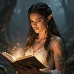 face-centred portrait Adriana Lima as Galadriel, body covered in elfish tattoos , open magic book glowing, D&D, fantasy, highly detailed, digital art, fantasy illustration, trending on artstation, smooth, sharp focus, illustration, art by artgem and ROBERT HYNES