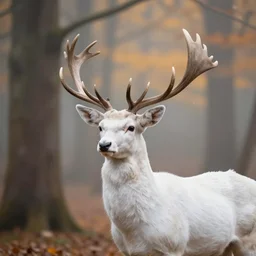a beautiful illustration of a white deer with antler, in a fairy forest, autumn, volumetric light, depth of field, fantasy, morning light, mist, dreamy atmosphere, cinematic shot, high definition, detailed