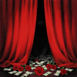 lonely dark character behind red curtains, surrounded by red curtains, bank notes and red roses on the ground, a maciej kuciara art deco style, dark, sad, dystopian, behind the scene, by rokas aleliunas and zdzisław beksinski, smooth, octane, trending on artstation, red and black, storyboard art, ink drawing, smooth,