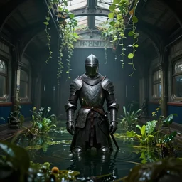 a medieval knight alone, submerged in an empty dark flooded train station overgrown with aquatic plants