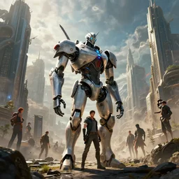 A robot standing in the foreground of a massive fantasy city by Greg Rutkowski, Sung Choi, Mitchell Mohrhauser, Maciej Kuciara, Johnson Ting, Maxim Verehin, Peter Konig, final fantasy , 8k photorealistic, cinematic lighting, HD, high details, dramatic, atmospheric,