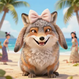 an adorable zany girly alluring chubby charming but slightly terrifying # fennic fox wolf rabbit hybrid, with long floppy rabbit ears, wearing a cute girly bow on the top of its head, grinning at the camera with a mischievous look, sharp teeth, happy lighting, at a tropical beach, greg rutkowski and alphonse mucha and jin xiaodi and anthony devine
