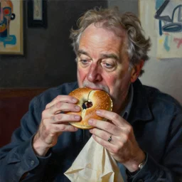 Larry David eating a bagel in the style of Basquiat, oil painting