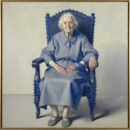 portrait of an old lady bird on the very tall thorny chair. play of ultramarine, payne grey and citron. painting by abercrombie gertrude